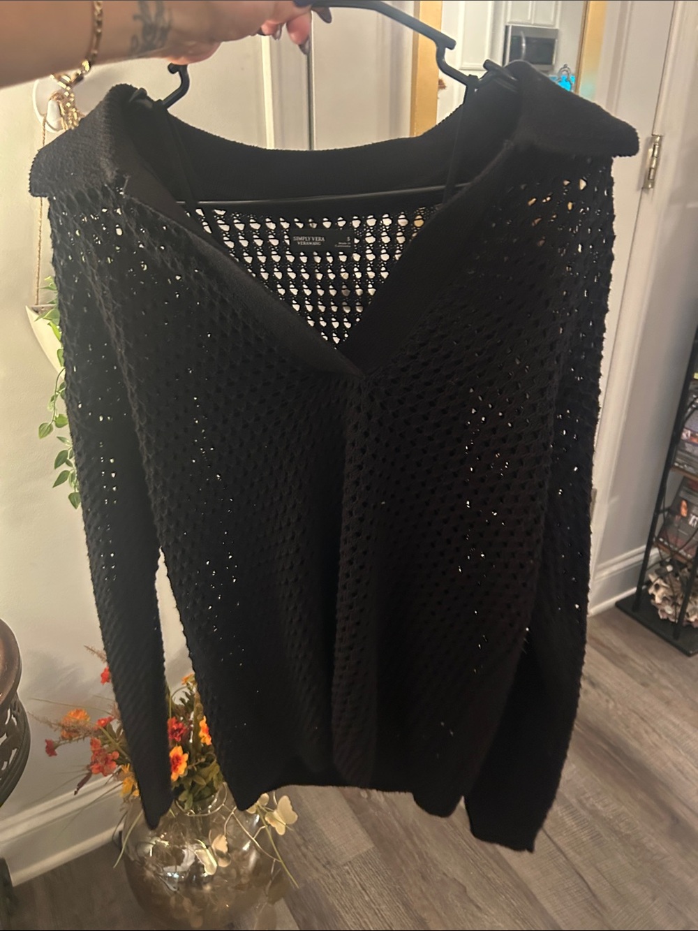 Simply Vera Vera Wang Black Open-Knit Off-Shoulder Sweater